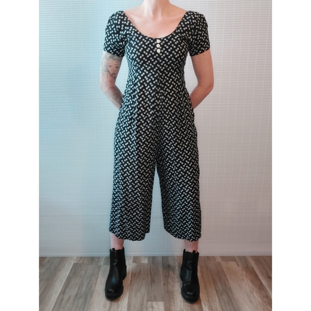 Vintage 90s Express Internationale Wide Leg Button Print Jumpsuit Romper Small